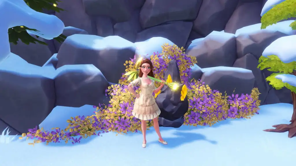 Segurando a picareta pelo ponto de gema amarela no Disney Dreamlight Valley