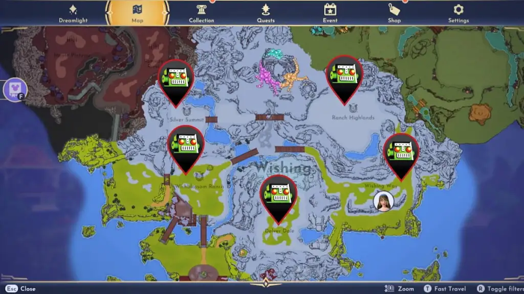 Locais no mapa da pirita marcados no Disney Dreamlight Valley