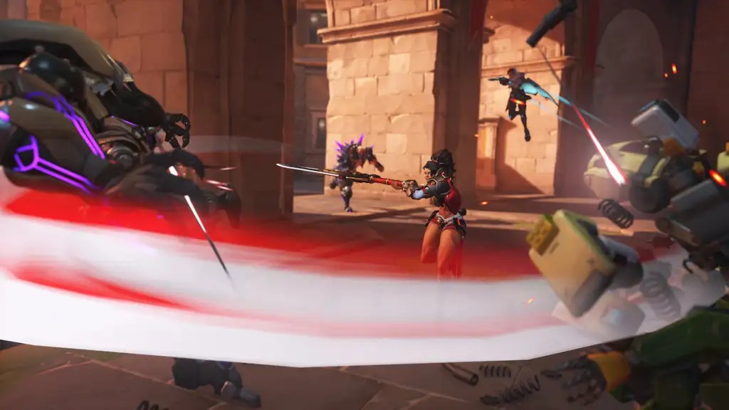 Vendetta atacando com espada gigante em Overwatch 2