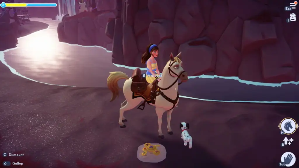 Andando a cavalo por um cogumelo de botão no Disney Dreamlight Valley