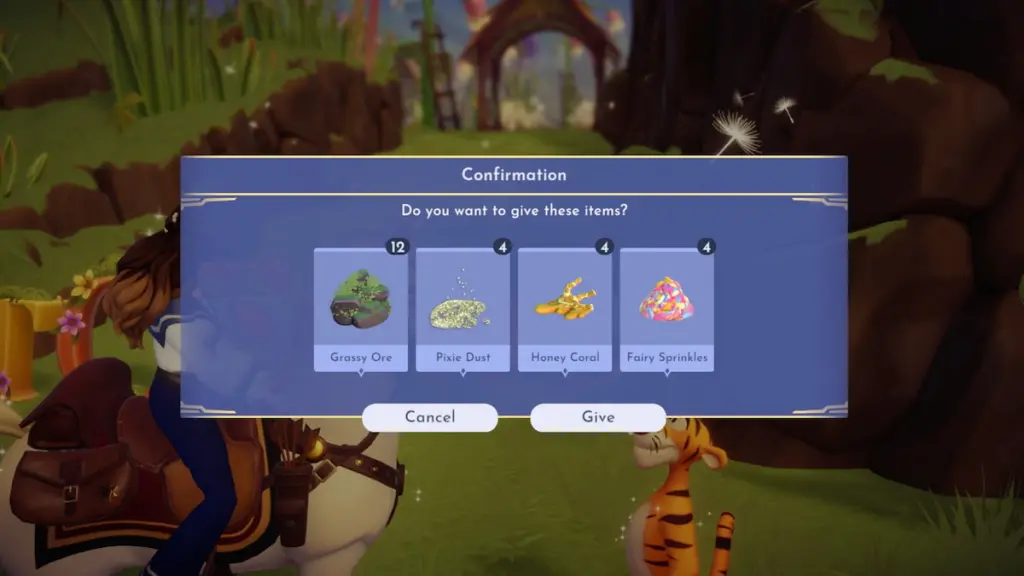 Dando ingredientes da poção do tigre no Disney Dreamlight Valley