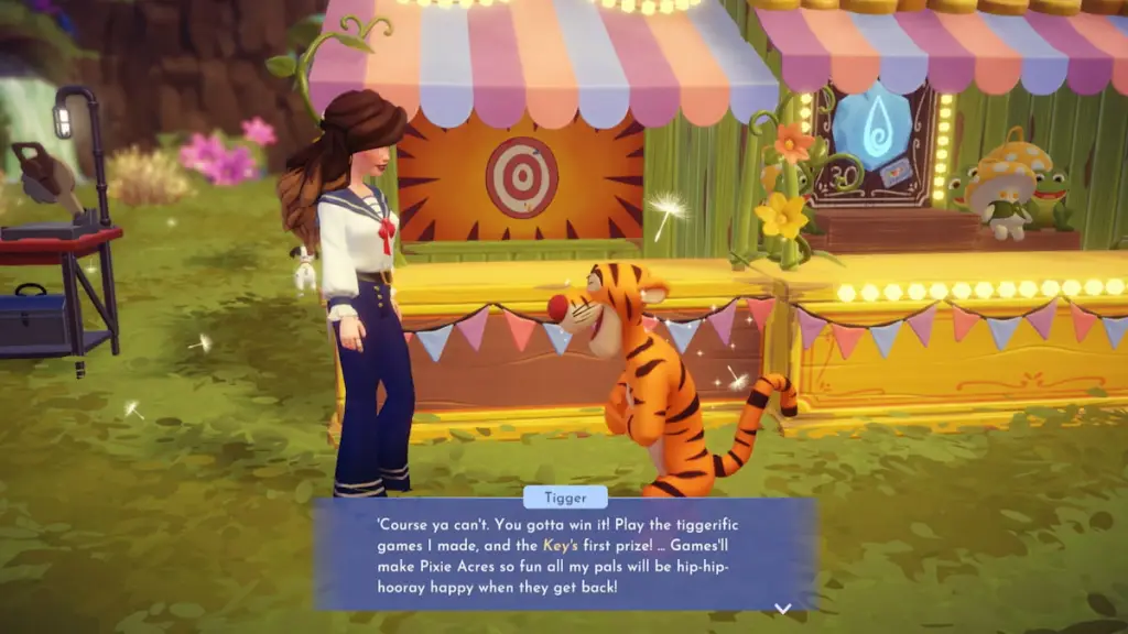 Conversando com o tigre sobre jogos no Disney Dreamlight Valley