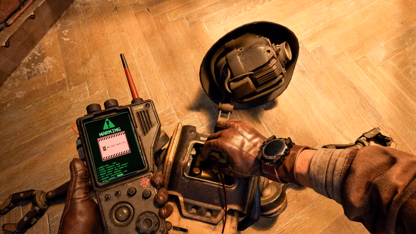 O jogador em War Mechanic mexe em um dispositivo eletrônico.