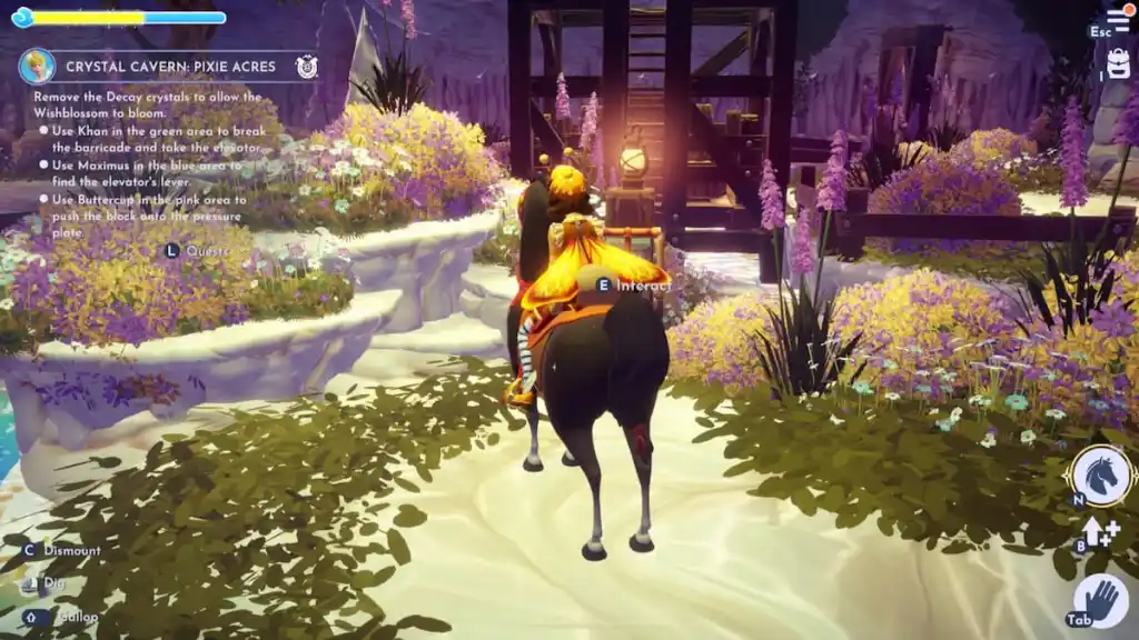 girando a alavanca enquanto andava a cavalo no Disney Dreamlight Valley