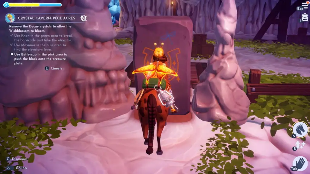 Empurrando pedra com cavalo no Disney Dreamlight Valley