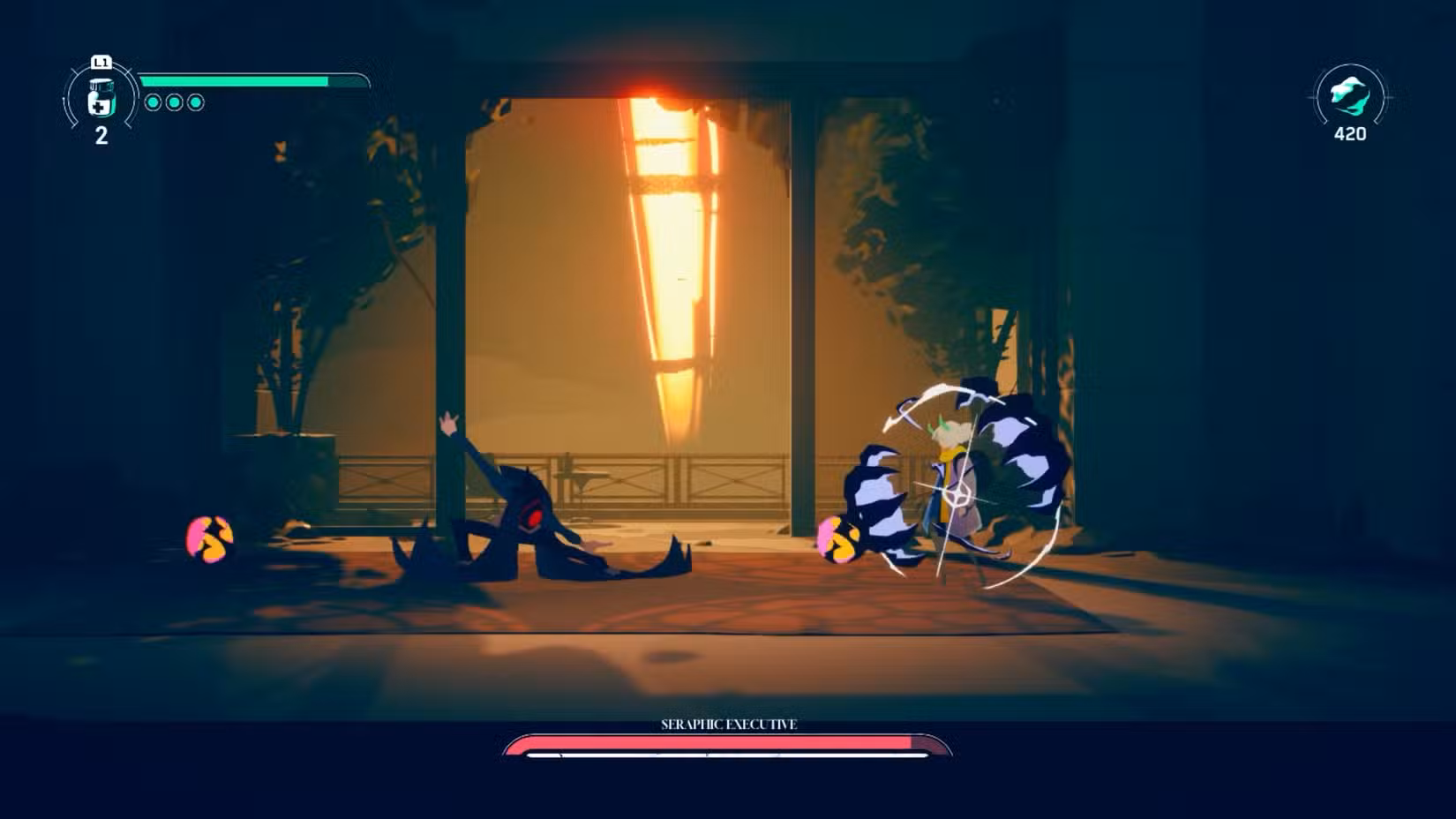Luca lutando contra um chefe em Metroidvania de Heart Machine, Possessors