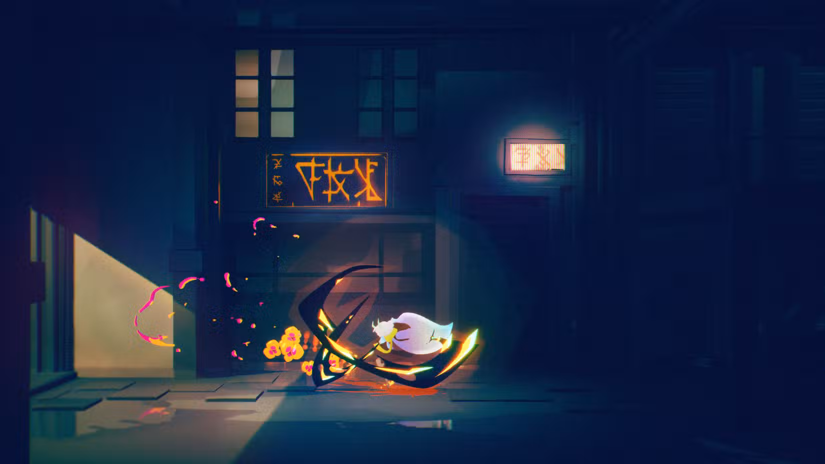 Um personagem de cores vivas em um mundo mal iluminado em Possessor(s)