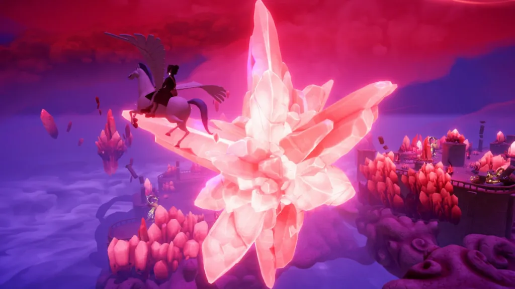Voando em Pegasus por cristais no Disney Dreamlight Valley