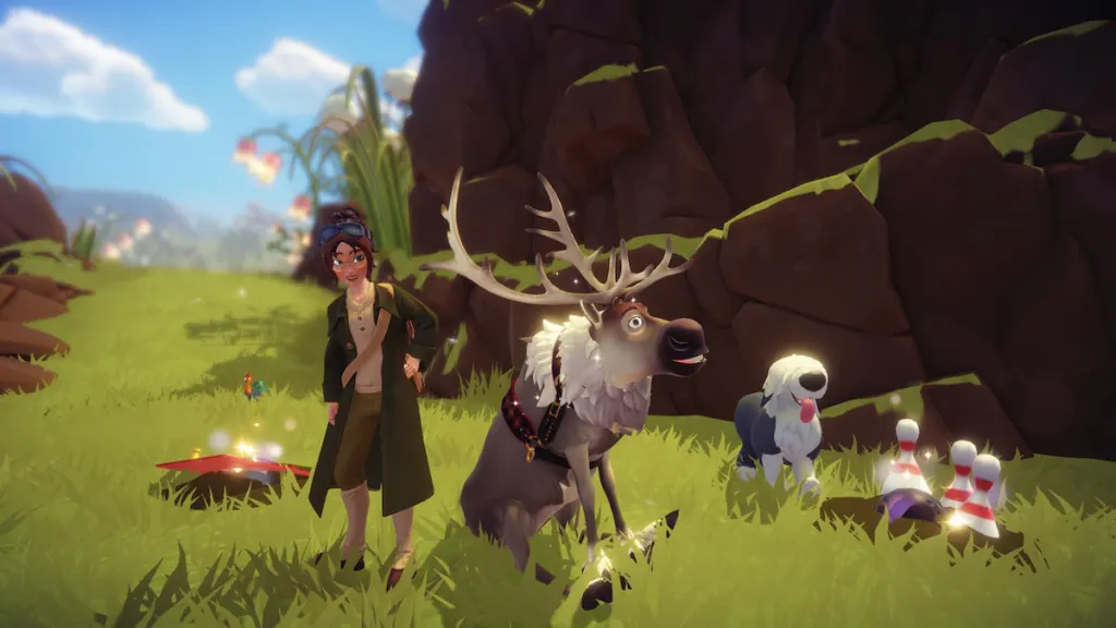 Posando com Sven em dois jogos em locais de escavação no Disney Dreamlight Valley