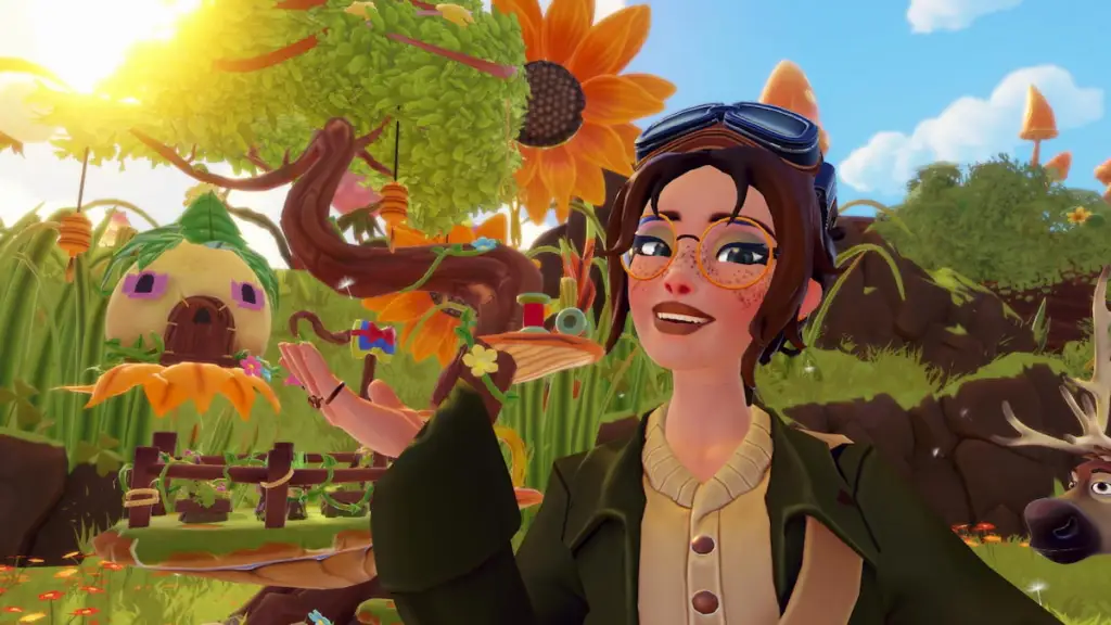 Tirando uma foto com a casa do tinker bell no Disney Dreamlight Valley