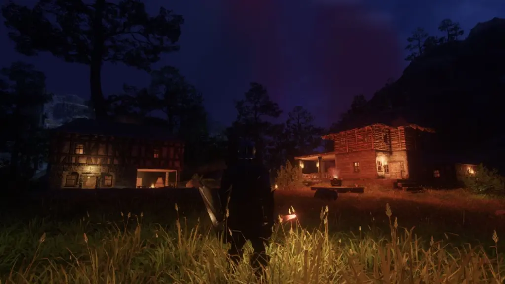 Uma vila Enshrouded construída por jogadores à noite.