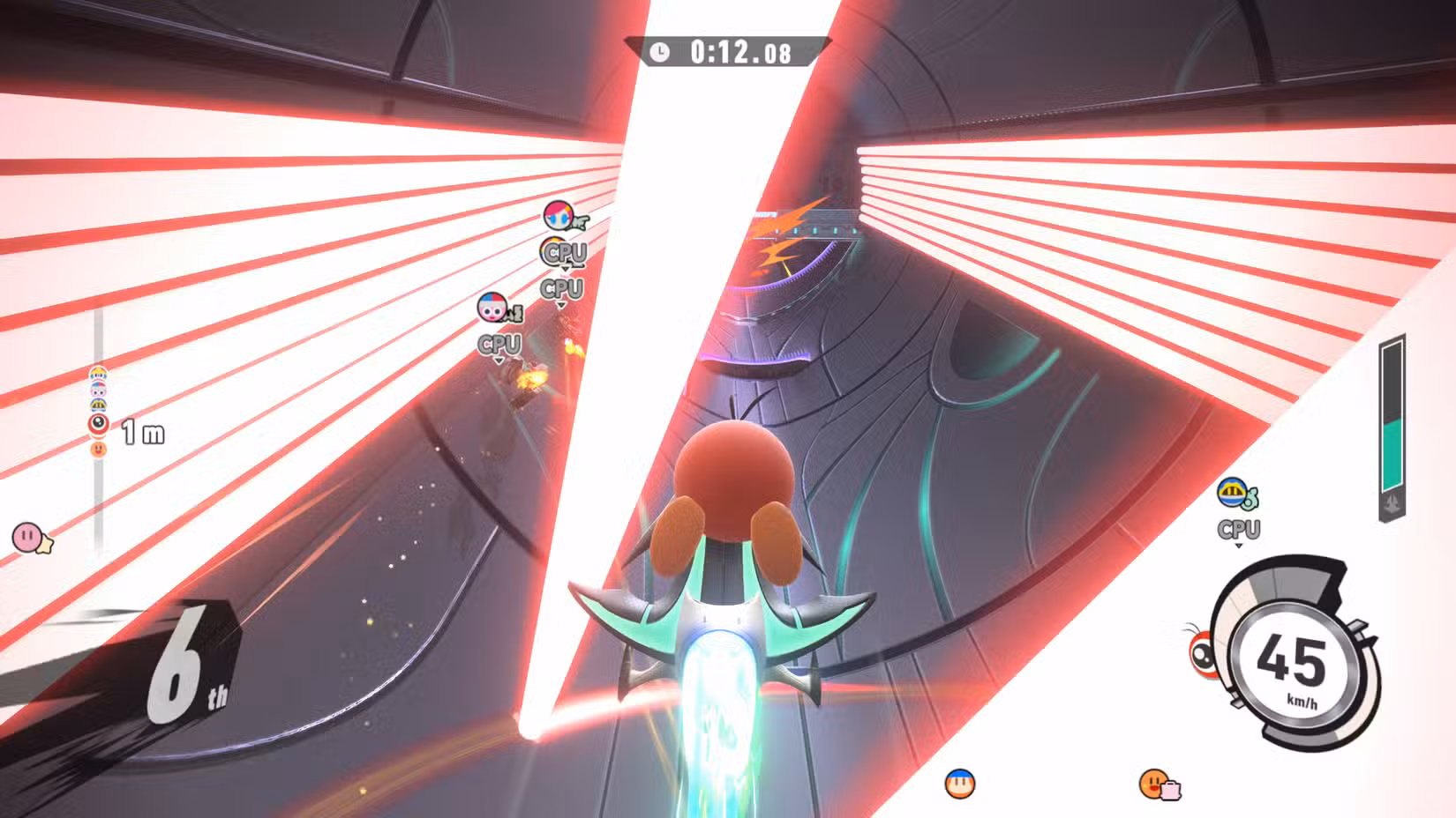 Um piloto desliza por uma grade de laser em Kirby Air Riders.