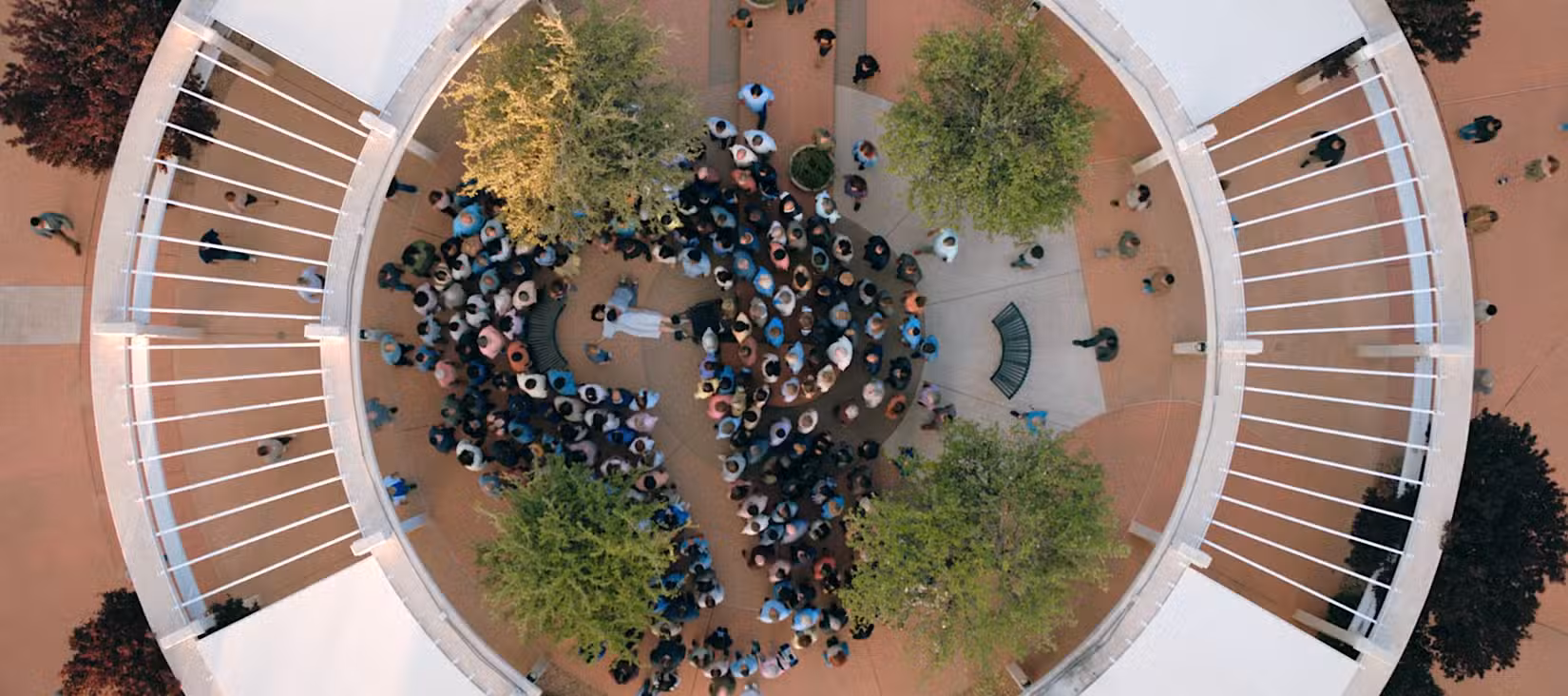 Uma foto aérea olhando para uma multidão de pessoas cercando uma mulher deitada de costas em um parque público no episódio 4 de Pluribus