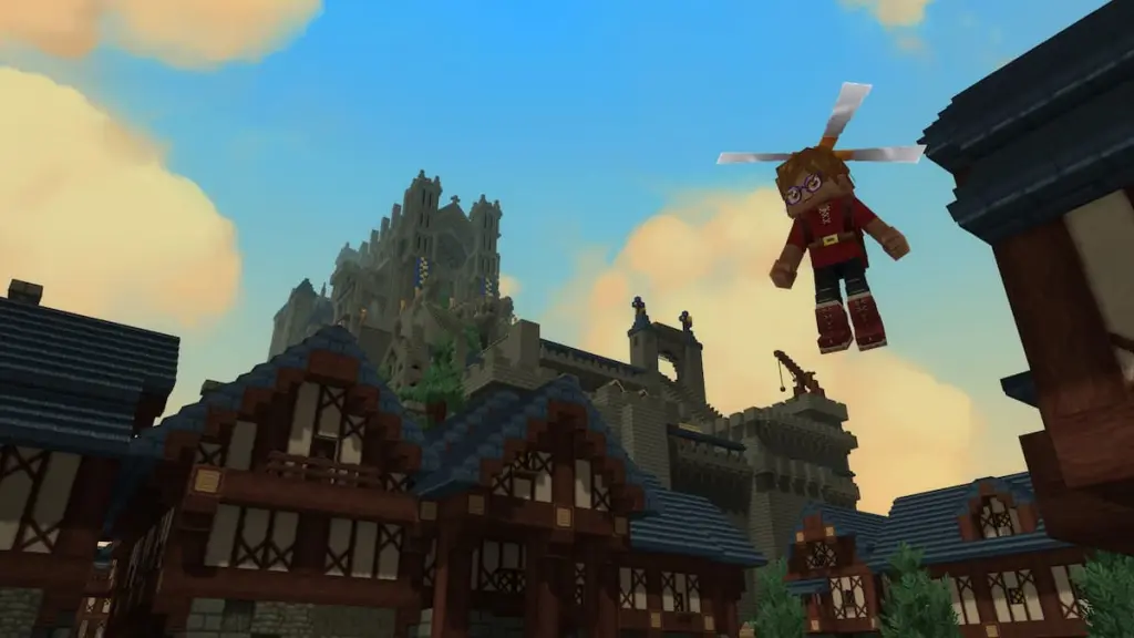 Um personagem voando com um helicóptero na cabeça em Hytale.