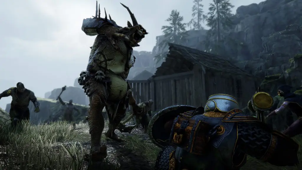 Um enorme troll lutando contra jogadores em Vermintide 2.
