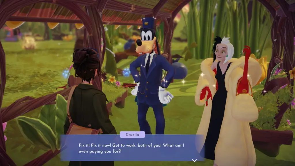 Conversando com o Pateta e a Cruella no Disney Dreamlight Valley