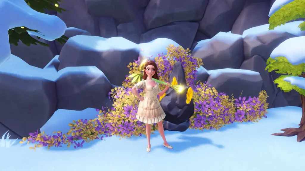 Parado no local de rock Wishblossom Ranch no Disney Dreamlight Valley
