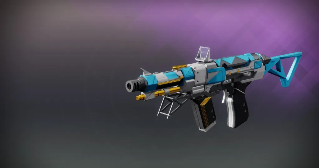 O Seraphine Haze SMG em Destiny 2, visto com um padrão estilo Warmind em azul, amarelo e cinza claro.