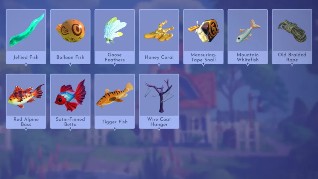 Todos os peixes do rancho Wishblossom no Disney Dreamlight Valley