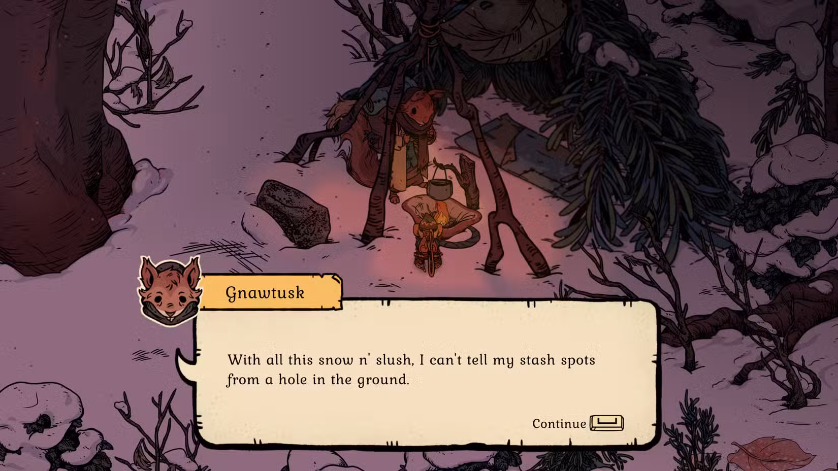Um jogador encontra Gnawtusk em Winter Burrow.