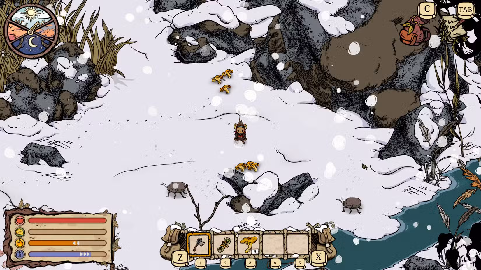 Um jogador explorando o mundo em Winter Burrow.
