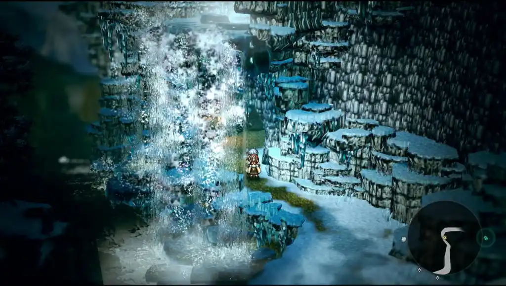 Octopath Traveler 0 personagens dentro de uma caverna com cachoeira