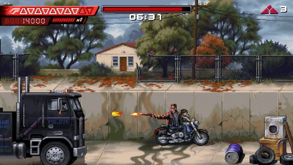 Dois personagens em uma motocicleta atirando para trás em Terminator 2D: No Fate