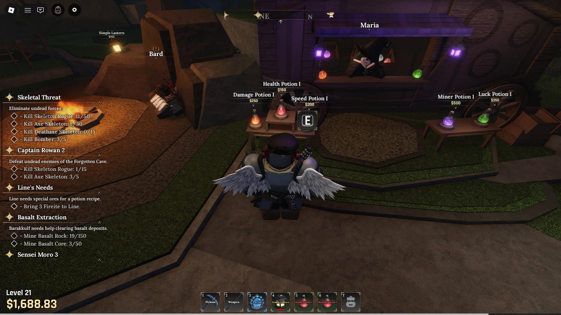 Um jogador mostrando onde comprar a Poção de Saúde I na loja de poções de Maria em Stonewake's Cross na experiência The Forge Roblox.