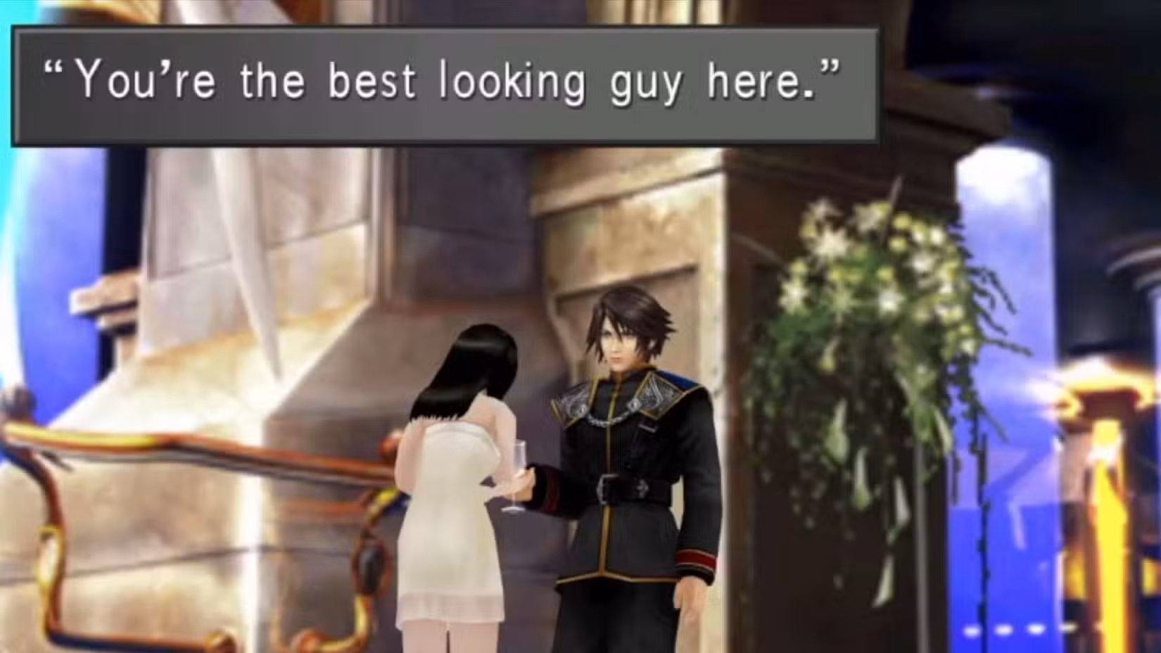 Uma captura de tela de Final Fantasy 8, com uma personagem feminina dizendo ao protagonista que ele é "o cara mais bonito aqui."