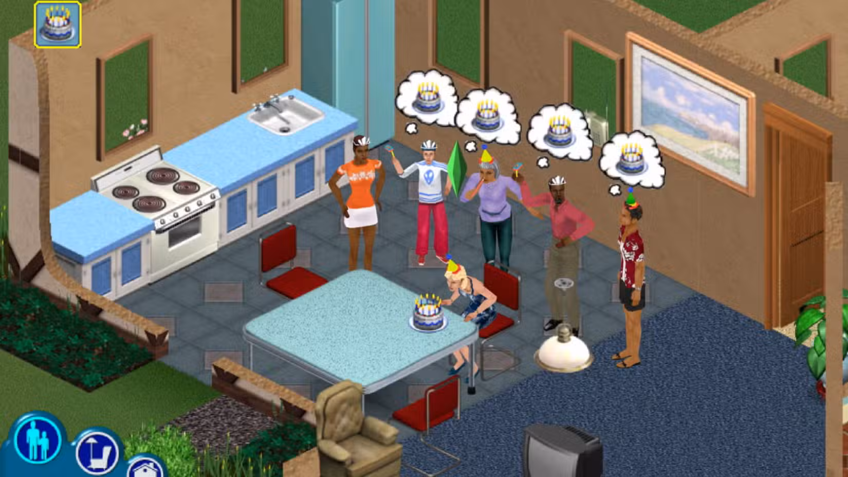 Cinco Sims estão em volta de um bolo, comemorando o aniversário do sexto Sim.