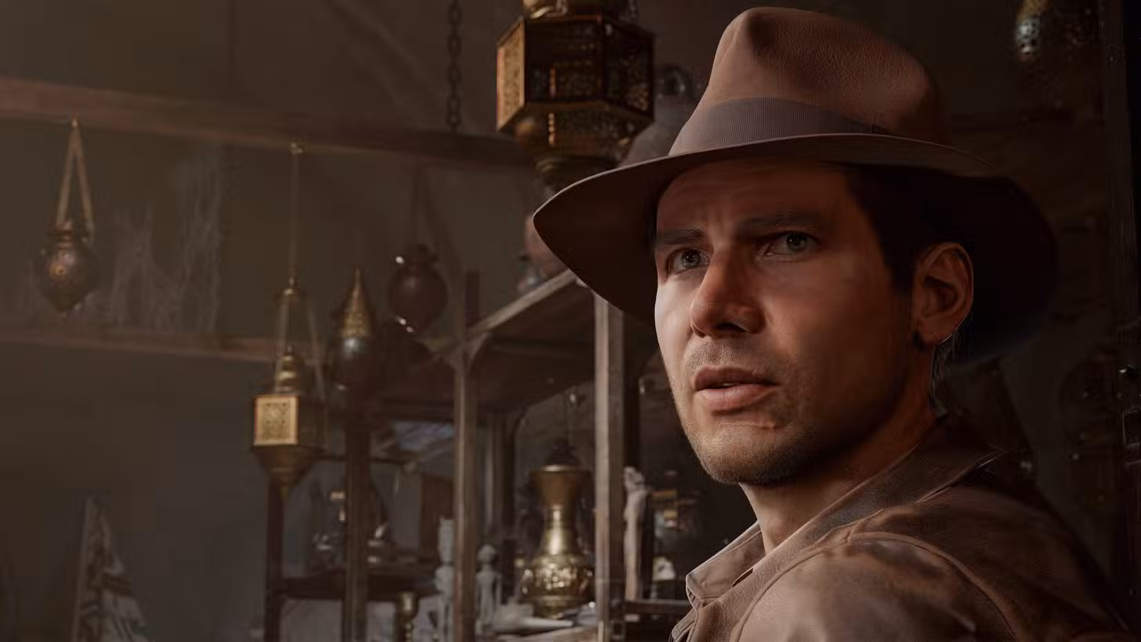 Indiana Jones virando-se para a câmera em Indiana Jones e o Grande Círculo.