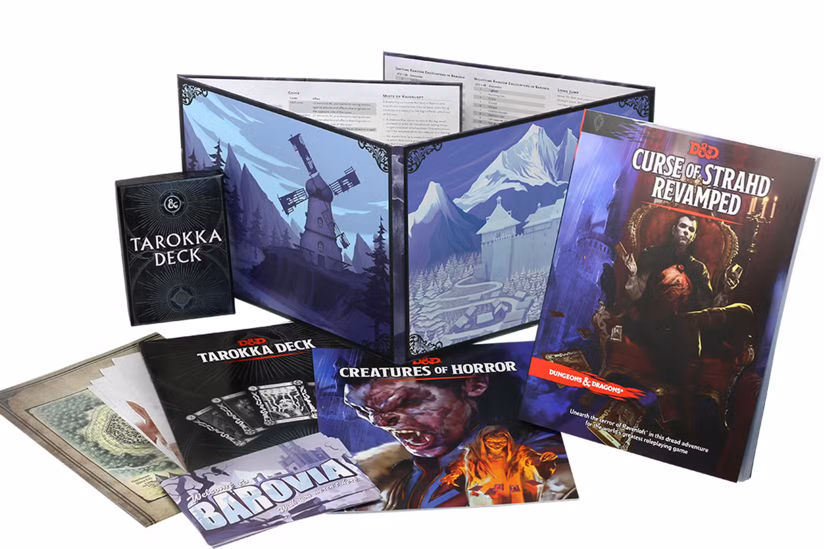 Uma versão em capa mole de Curse of Strahd Revamped, além de uma tela do Mestre, livretos suplementares e um baralho de cartas. Há cartões postais também... que nunca sairão do vale até que a maldição seja suspensa, muhahahahaah. Tosse.