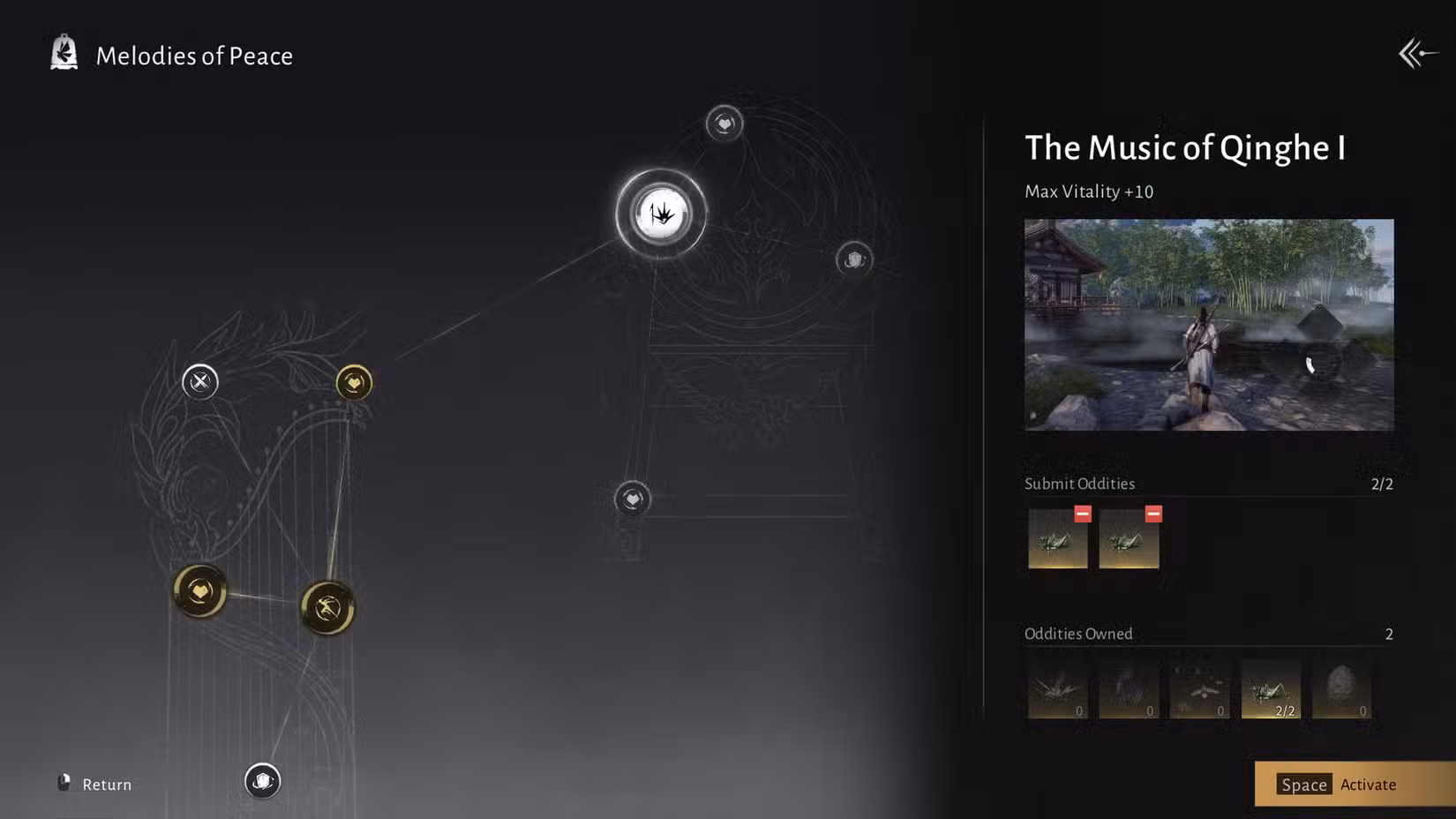 Uma captura de tela de Where Winds Meet mostrando o menu Melodies of Peace com o nó que aumenta a vitalidade do personagem