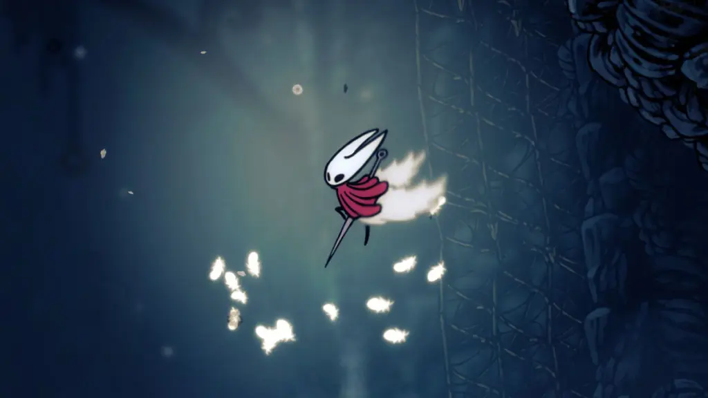 Hornet dá um salto duplo em Hollow Knight Silksong.