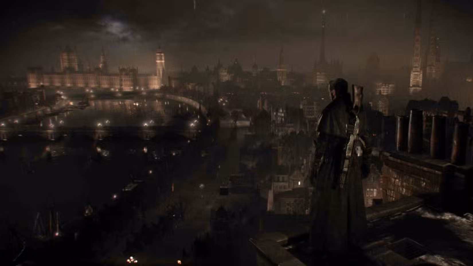 Teaser do epílogo da Ordem de 1886 mostrando Galahad em um telhado com vista para Londres.