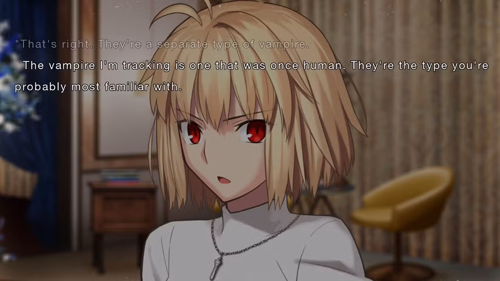 Um Tsukihime Um pedaço de captura de tela da lua de vidro azul mostrando Arcueid e uma breve explicação sobre vampiros.