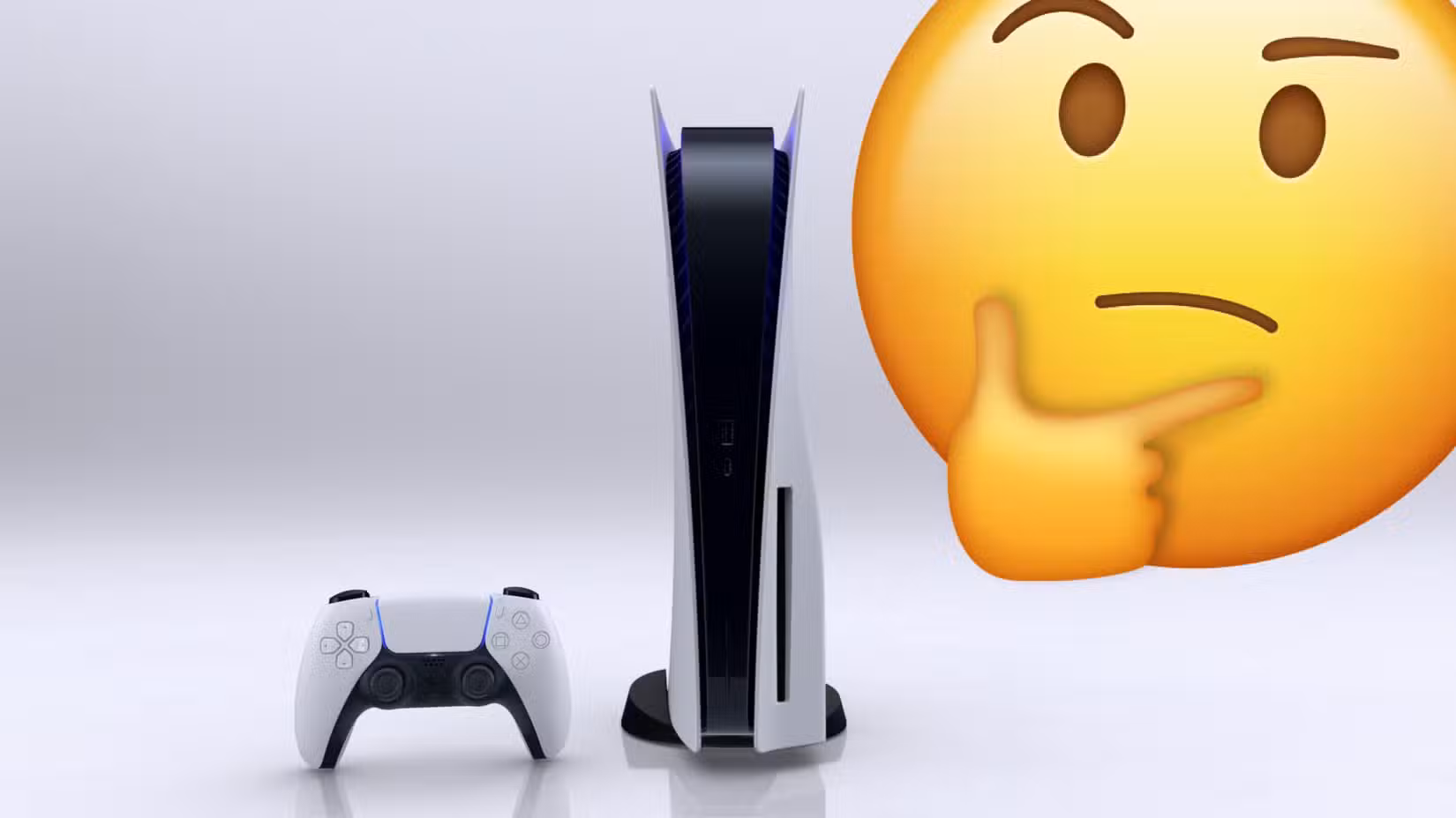 Um photoshop muito ruim de uma imagem mostrando o Playstation 5 e seu controlador DualSense com um emoji gigante e pensativo aparecendo no canto superior direito