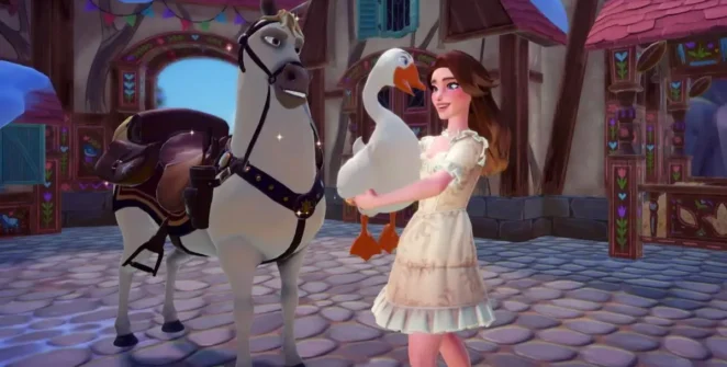 Segurando um ganso no Disney Dreamlight Valley
