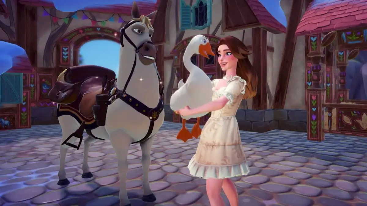 Segurando um ganso no Disney Dreamlight Valley