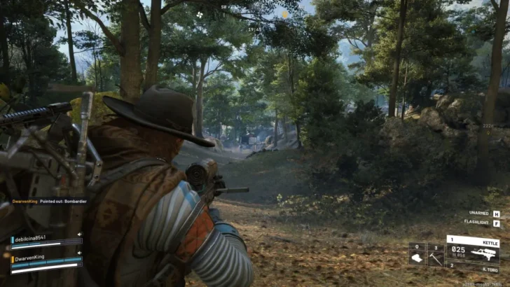 Um jogador em um bioma de selva mirando em um enorme robô em ARC Raiders.
