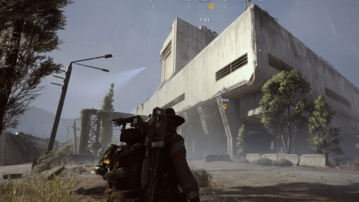 Jogador em frente ao prédio de Pesquisa e Administração em ARC Raiders