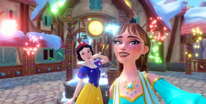 Tirando uma selfie com a Branca de Neve no Disney Dreamlight Valley