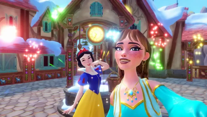 Tirando uma selfie com a Branca de Neve no Disney Dreamlight Valley