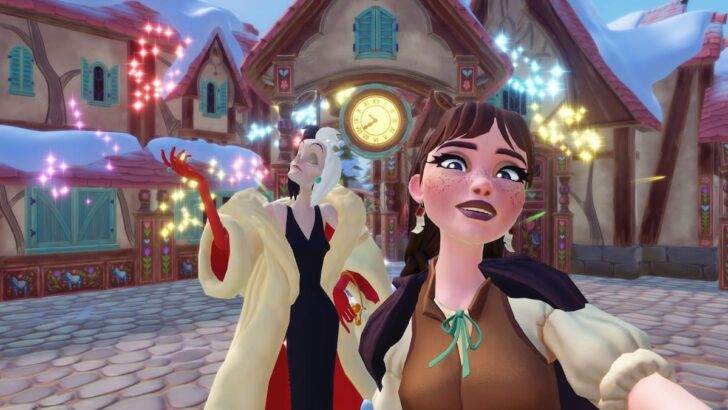Tirando uma foto com Cruella no Disney Dreamlight Valley