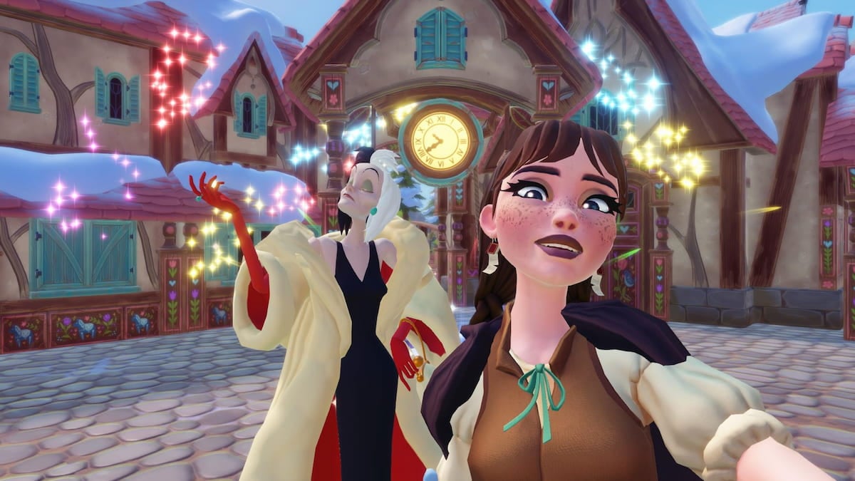 Tirando uma foto com Cruella no Disney Dreamlight Valley