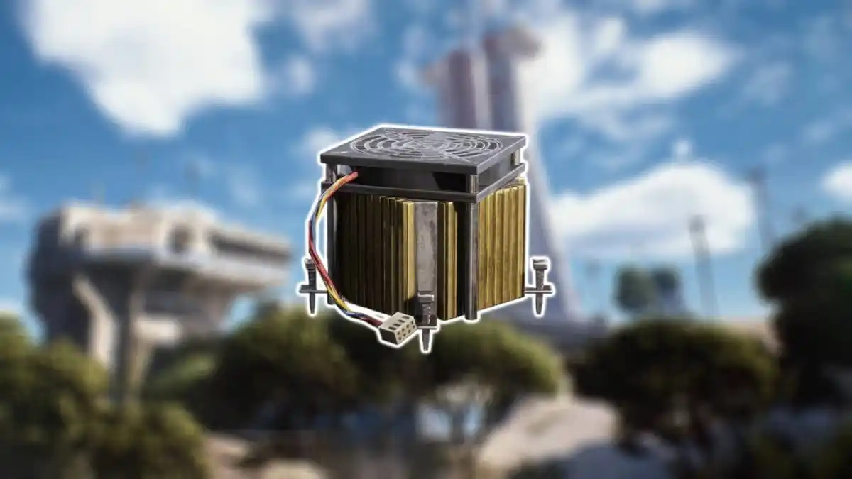 Um dissipador de calor danificado sobreposto a uma imagem do mapa do espaçoporto em ARC Raiders.