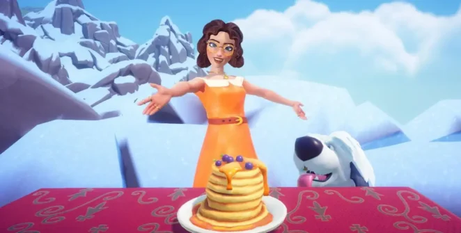 Em pé atrás da mesa com panquecas de mel no Disney Dreamlight Valley