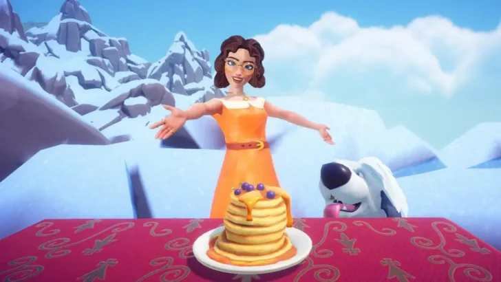 Em pé atrás da mesa com panquecas de mel no Disney Dreamlight Valley