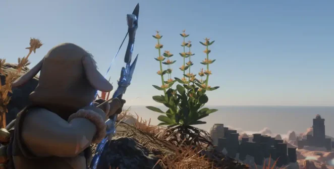 O personagem do jogador em Enshrouded puxa seu arco e aponta para uma planta com flores amarelas na beira de um penhasco.