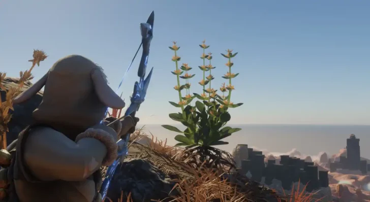 O personagem do jogador em Enshrouded puxa seu arco e aponta para uma planta com flores amarelas na beira de um penhasco.